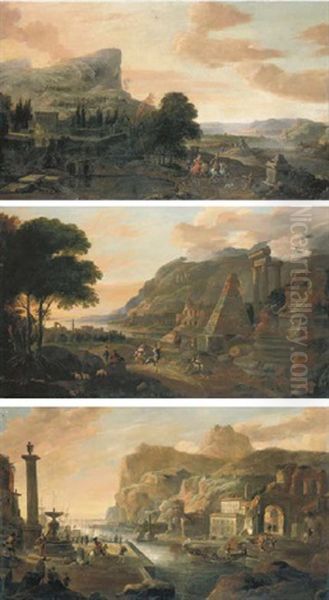 Italianate Capriccio Landscape With An Elegant Couple Riding In The Grounds Of A Country Villa (+ 2 Others; Set Of 3) Oil Painting by Hendrick Danckerts