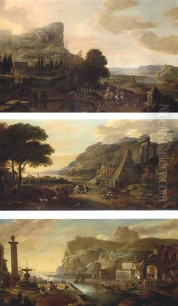 An Extensive Landscape With An Elegant Couple Riding In The Grounds Of A Country Villa (+ A Coastal Landscape With Peasants Dancing Near Ruins; + A Harbour Scene With Numerous Figures; 3 Works) Oil Painting by Hendrick Danckerts