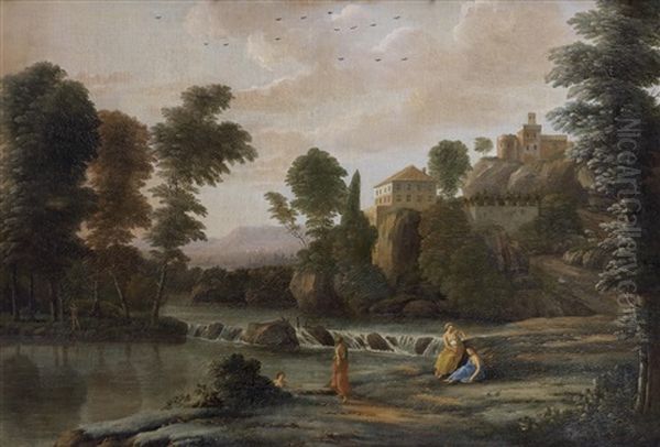 Nymphs Bathing In An Italianate Landscape Oil Painting by Johan Danckerts