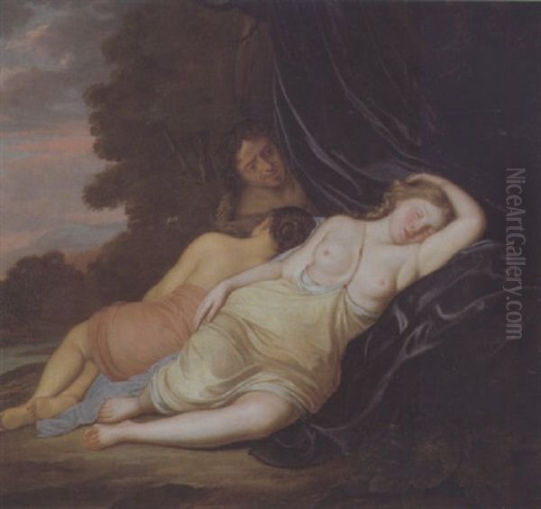 Zwei Nymphen Von Einem Satyr Belauscht Oil Painting by Johan Danckerts