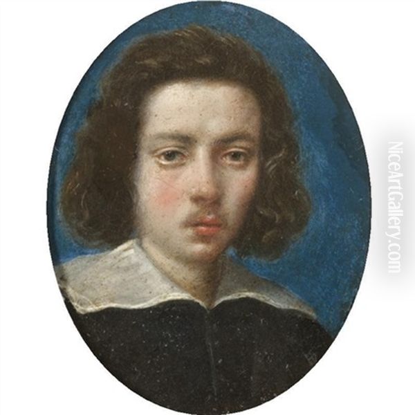 Portrait Of A Gentleman, Head And Shoulders, Wearing Black With A White Ruff, With A Blue Background Oil Painting by Cesare Dandini