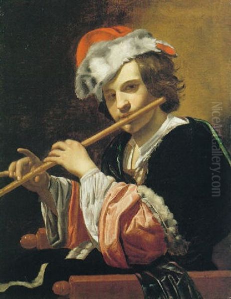 Giovinetto Seduto Che Suona Il Flauto Oil Painting by Cesare Dandini