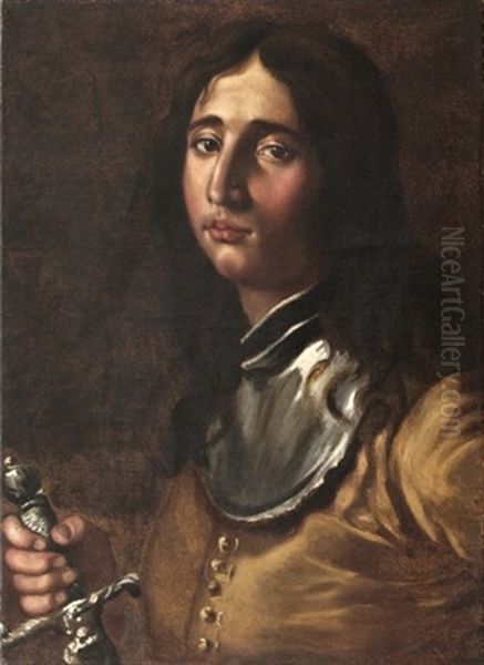 Portraet Af En Italiensk Kavaler, Afbildet Med Brunlokket Har Og Baerende Kyrads, I Hojre Hand Holdende Svaerd Oil Painting by Pietro Dandini