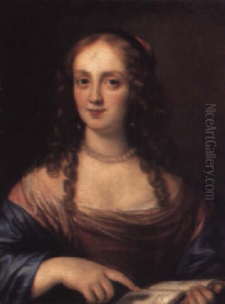 Portrait Of A Lady, Bust Length, In A Pink Dress Holding A Music Score Oil Painting by Pietro Dandini