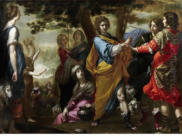 Moses Defending The Daughters Of Jethro At The Well (in Collab. W/his Studio) Oil Painting by Vincenzo Dandini