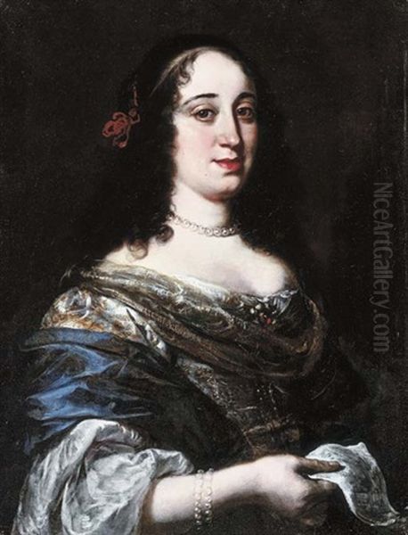 Portrait Of A Lady, Vittoria Della Rovere (?), Half-length, In A Blue And White Dress, Holding A Sheet Of Music Oil Painting by Vincenzo Dandini