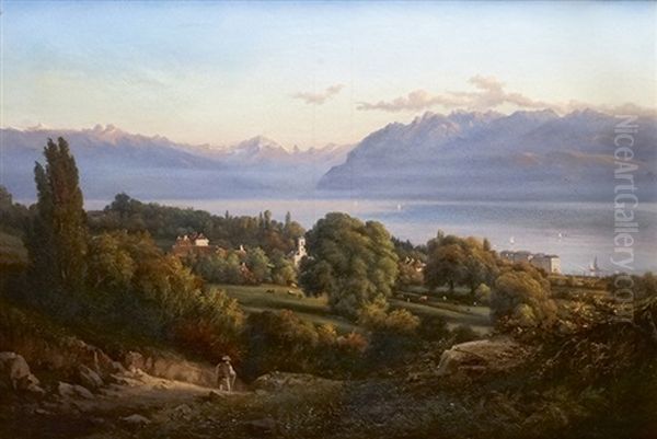 Coucher De Soleil Sur Le Lac Leman Oil Painting by Frederic Francois Dandiran