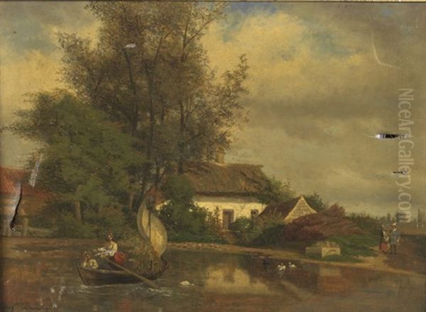 Cour De Ferme Animee De Paysans Oil Painting by Auguste Dandoy