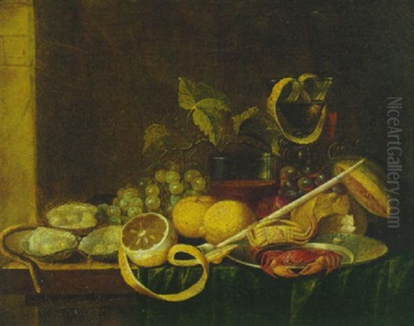 Stilleben Mit Austern, Zitronen, Trauben Und Anderem Auf Zusammengeschobener Tischdecke Auf Einem Tisch Oil Painting by Jan Baptist Dandoy