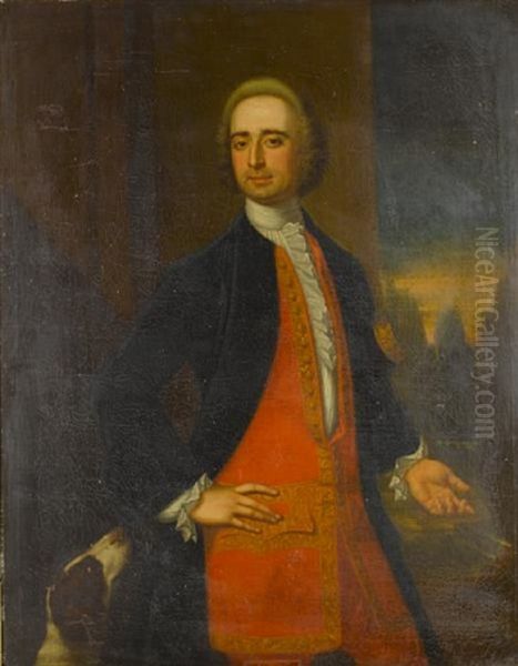 Portrait Of A Gentleman (edmund Kirke?) In A Blue Coat And A Red Embroidered Waistcoat, Standing With His Spaniel Before An Open Landscape Oil Painting by Bartholomew Dandridge