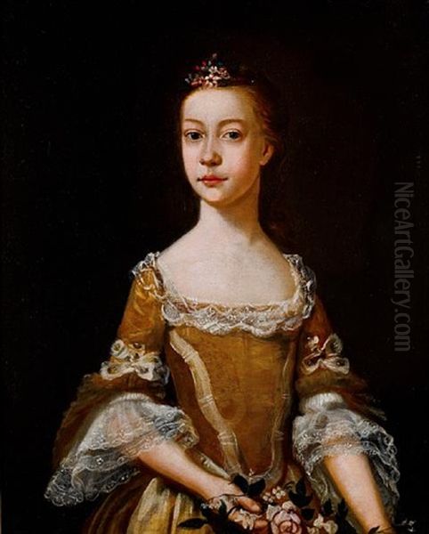 Portrait Of A Young Girl In A Gold Dress With Lace Trim, Holding Flowers Oil Painting by Bartholomew Dandridge