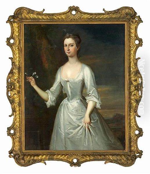 A Portrait Of A Lady, In A White Dress, Holding A Sprig Of Flowers Oil Painting by Bartholomew Dandridge