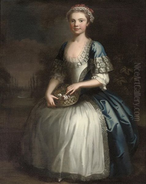 Portrait Of A Girl In A Blue Dress And Pink And White Lace Bonnet, Holding A Basket Of Flowers, In A Formal Garden Oil Painting by Bartholomew Dandridge