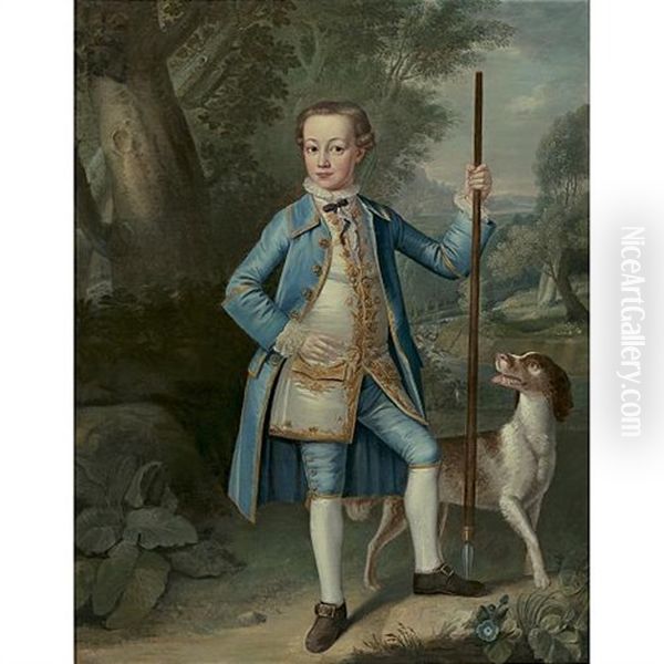 Portrait Of A Young Boy And His Dog, A Landscape Beyond Oil Painting by Bartholomew Dandridge