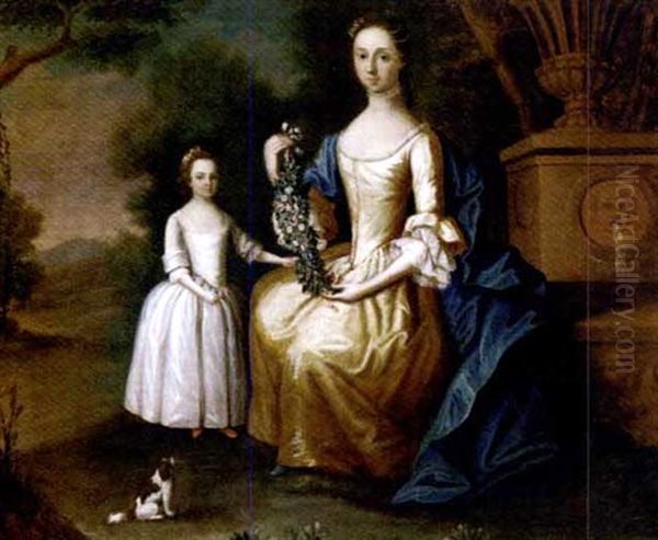 An Elegant Lady And Her Daughter By A Fountain In An Extensive Landscape Oil Painting by Bartholomew Dandridge