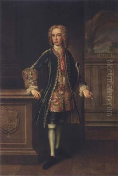 Portrait Of A Boy, A Member Of The Nicolini Family, Standing, Wearing A Green Coat With Elaborately Embroidered Cuffs, An Embroidered Waistcoat, Holding His Hat Beneath His Arm Oil Painting by Bartholomew Dandridge