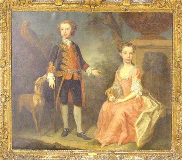 Lord Carnarvon And Lady Caroline Leigh As Children With Dog In A Landscape Oil Painting by Bartholomew Dandridge