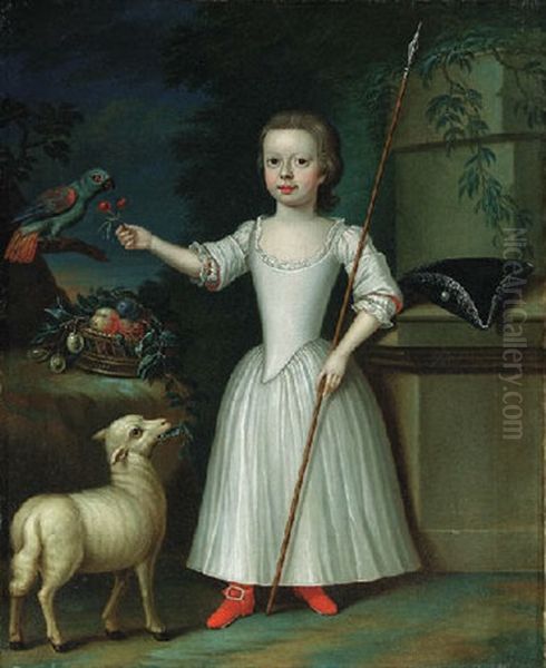 Portrait Of A Young Girl (miss Mildred Drew?) As A Shepherdess, A Lamb Nearby Oil Painting by Bartholomew Dandridge