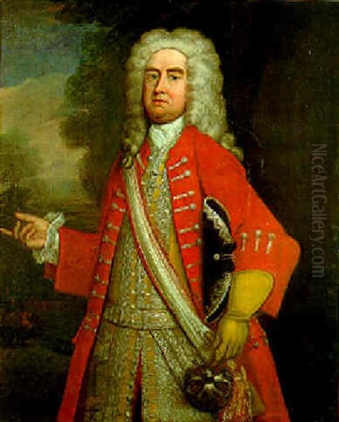 Portrait Of A Bewigged Gentleman, Wearing A Scarlet Coat And With Troops Amassed Beyond Oil Painting by Bartholomew Dandridge