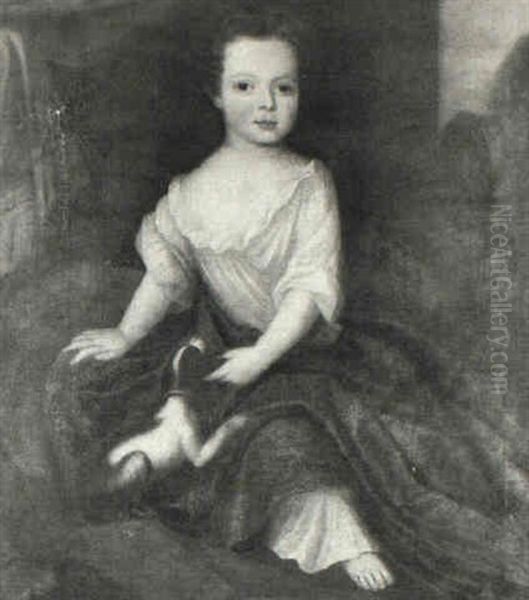 Portrait Of A Child Seated, Full Length, Wearing A White    Dress And Green Cloak, With A Dog On A Red Cushion... Oil Painting by Bartholomew Dandridge