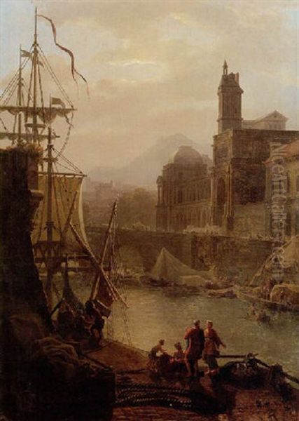 Vue D'un Port Imaginaire Anime De Vaisseaux Et Pecheurs Oil Painting by Pierre Charles Dandrillon