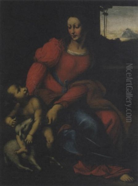 Madonna Con Bambino E Agnello, Un Paesaggio In Lontananza Oil Painting by Giovanni Stefano Danedi