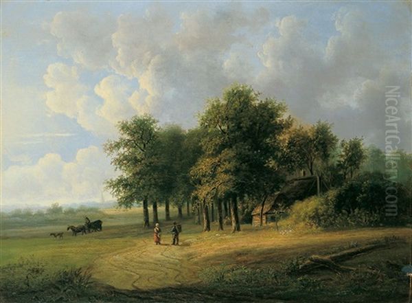 Flache Baumbestandene Landschaft Mit Wanderern Oil Painting by Andreas Danekes