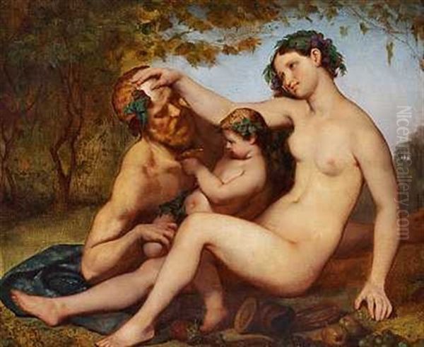 Bacchus Med En Kvinde Og Et Barn Ved Sin Side. Alle Tre Med Vinlov I Haret Oil Painting by Henri Camille Danger