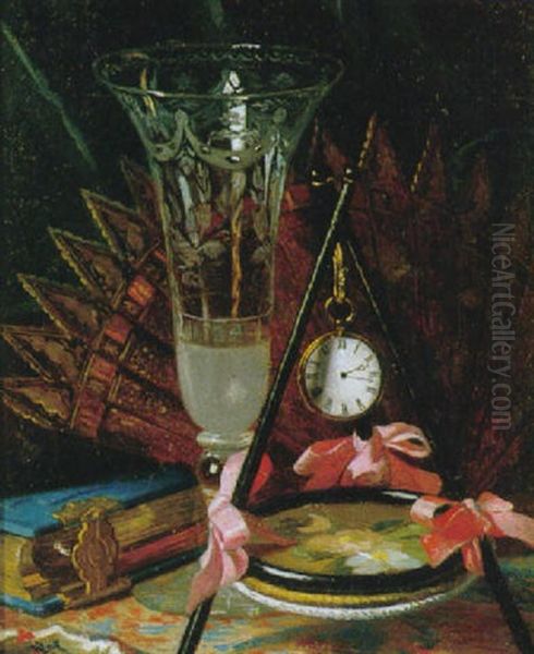 Biederliches Stilleben Mit Goldener Taschenuhr, Kelchglas, Spiegel Und Buch Auf Einem Tisch Arrangiert Oil Painting by Josef Danhauser