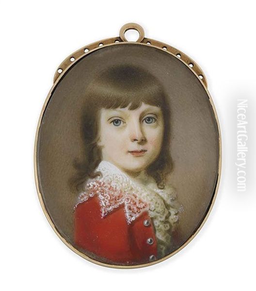 A Boy, In Red Coat With Silver Buttons, Pointed Lace Collar And Frilled Cravat, Fair Hair Oil Painting by Abraham Daniel