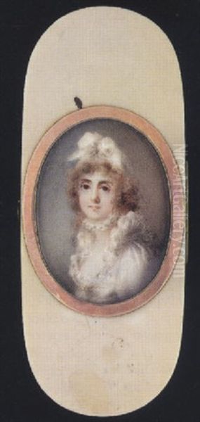 A Lady Wearing White Dress With Frilled Collar And Turban In Her Hair, Tied In A Bow At The Front Oil Painting by Abraham Daniel