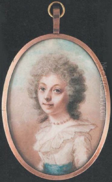 A Lady Wearing White Dress With Wide Frilled Collar And Blue Waistband, A String Of Pearls At Her Neck, Her Hair Powdered Oil Painting by Abraham Daniel