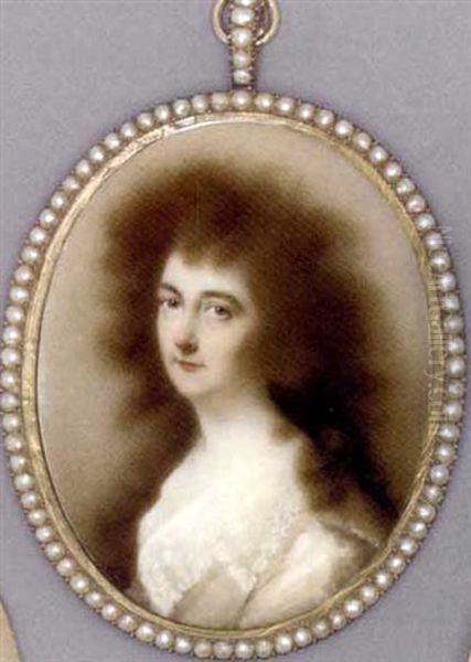 A Young Lady In Grey Silk Dress With Lace Collar, Long Brown Curling Hair Oil Painting by Joseph Daniel