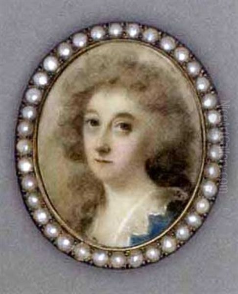 A Young Lady, In Blue Dress With Cut-away Lace Collar, Long Powdered Curling Hair Oil Painting by Joseph Daniel