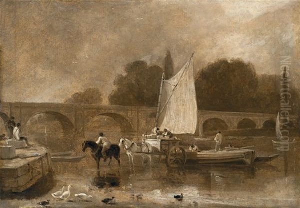 A View Of Richmond Bridge, Richmond-upon-thames, With A Horse-drawn Cart Unloading Goods Onto A Sailboat Oil Painting by Thomas Daniell