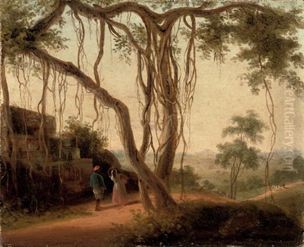 An Indian Landscape With Figures By A Ruin Under A Banyan Tree Oil Painting by Thomas Daniell