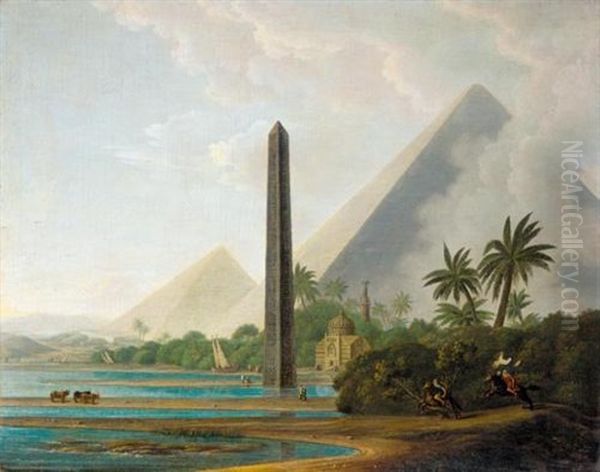 An Egyptian Capriccio Landscape With The Pyramids Of Giza And A Stone Needle On The Banks Of The Nile And Horsemen In The Foreground Oil Painting by Thomas Daniell