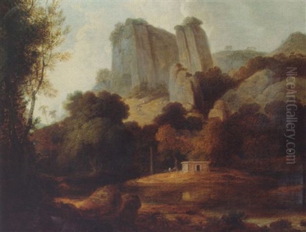 View Near The Village Of Nursapore, Near Bangalore, With Pilgrims Resting By A Choultry (lodge) Oil Painting by Thomas Daniell