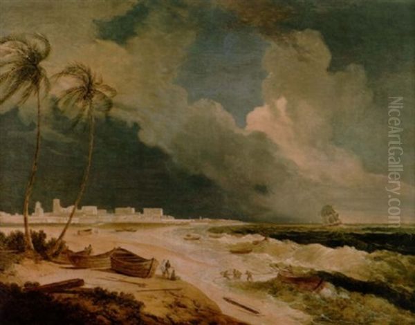 A South-east View Of Fort St. George, Madras, A Storm Approaching Oil Painting by Thomas Daniell