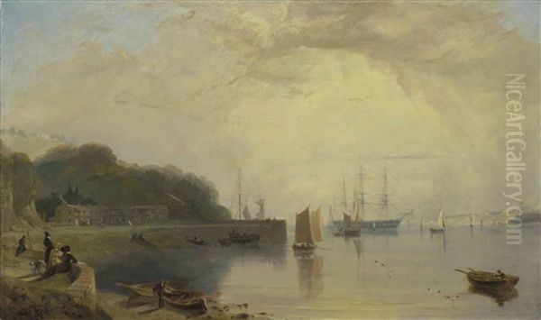 An Estuary In Devon, Possibly Torquay, With Figures And Small Boats In The Foreground And A Man-of-war At Anchor In The Background Oil Painting by William Daniell