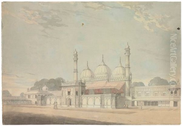 A View Of A Courtyard, Possibly The Moti Masjid, Agra, Showing Its Terraces And Two Flanking Minarets Oil Painting by William Daniell