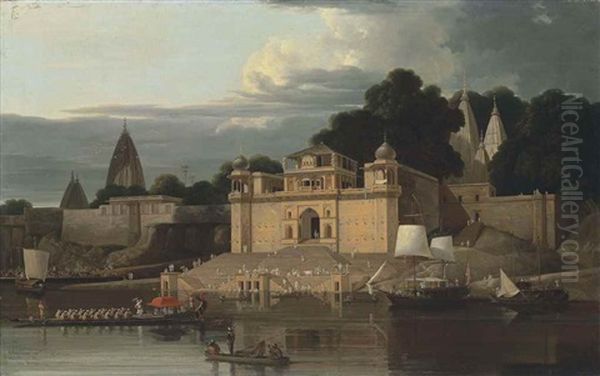 Shivala Ghaut And Cheyt Singh's House Near Benares Oil Painting by William Daniell