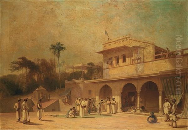 A Palace In Juanpore, India With A Nautch Girl Performing In Front Of A Nobleman Oil Painting by William Daniell