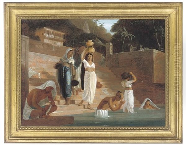 Hindu Women And Brahmans At A Ghat On The Ganges Oil Painting by William Daniell