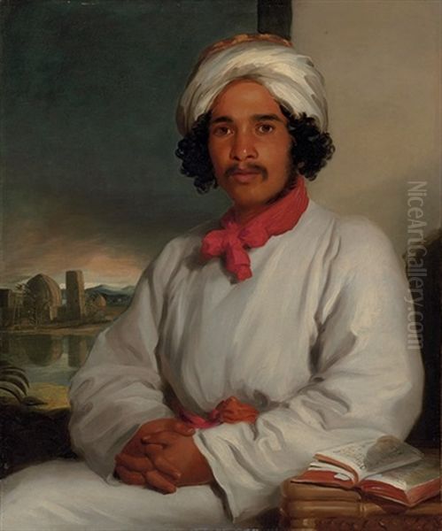 Portrait Of A Youth Wearing A White Turban And An Red Scarf, With A Temple Beyond Oil Painting by William Daniell