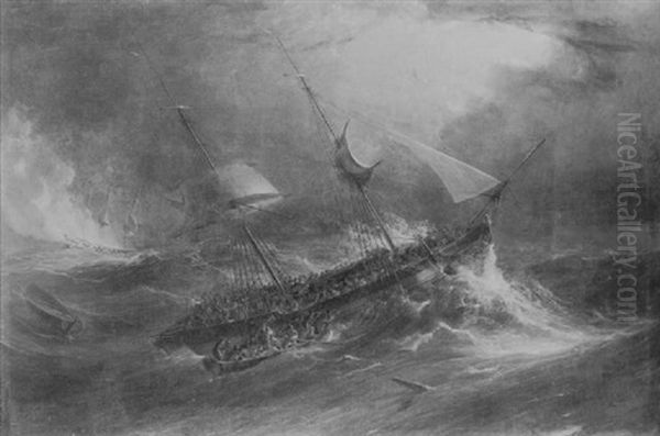 The Distressed Situation Of The Kent East Indiaman, Captain Cobb, When On Fire In The Bay Of Biscay Oil Painting by William Daniell