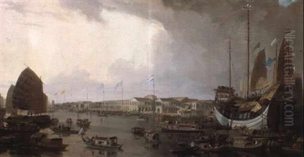 A View Of The European Factories At Canton In China Oil Painting by William Daniell