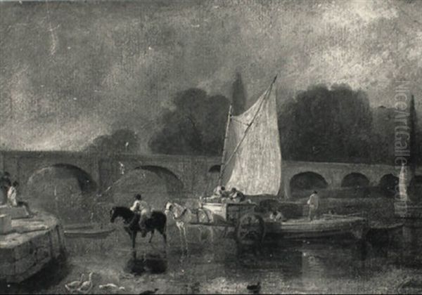 Richmond Bridge With A Horse And Cart Unloading Cargo From A Barge Oil Painting by William Daniell