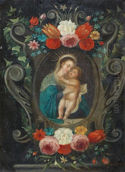 The Madonna And Child Within A Stone Cartouch Surrounded By Flowers And Foliage Oil Painting by Andries Daniels