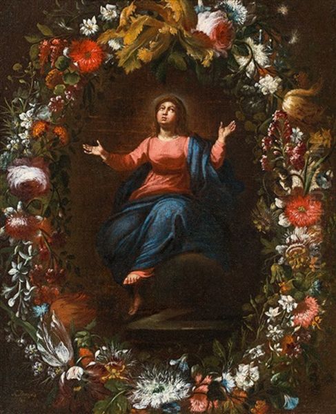 Assumption Of The Virgin Mary In Floral Wreath Oil Painting by Andries Daniels